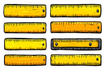 Collection of Vintage Wooden Rulers with Measurement Markings.