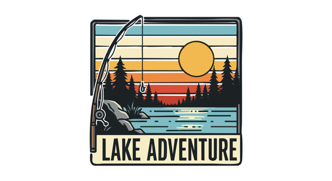 Stylized graphic design depicts a fishing scene over a striped sunset background with pine trees and water