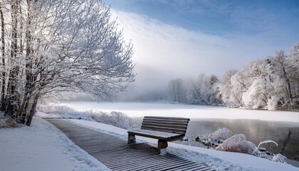 a peaceful snowy landscape featuring a wooden bench and pathway surrounded by frosted trees creating a serene atmosphere near the water