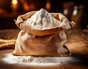 a close up of a bag filled with fresh flour showcasing the essential ingredient for baking and emphasizing the warmth of a rustic kitchen atmosphere