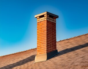 a detailed brick chimney atop a roof basking in the sunlight under a clear sky perfect for showcasing architecture and home design