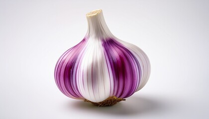 whole garlic bulb with purple and white stripes on white background excellent for commercial food packaging recipe visualization healthy eating content