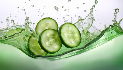 cucumber slices splashing in green liquid on white ideal for detox spa and health ads
