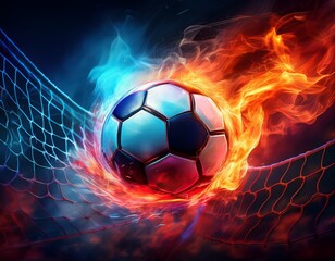 fiery soccer ball in goal in red and blue flames soccer ball in red and blue flames and smoke light background creative sport wallpaper generative ai