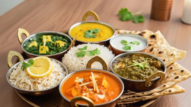 Indian Thali Platter Featuring an Array of Traditional Dishes Served in Copper Bowls and Accompanied by Naan Bread