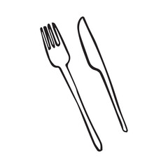 Hand drawn fork and table knife in minimal black ink line art style, elegant cutlery doodle illustration isolated on white background. © Evgeniya Platonova
