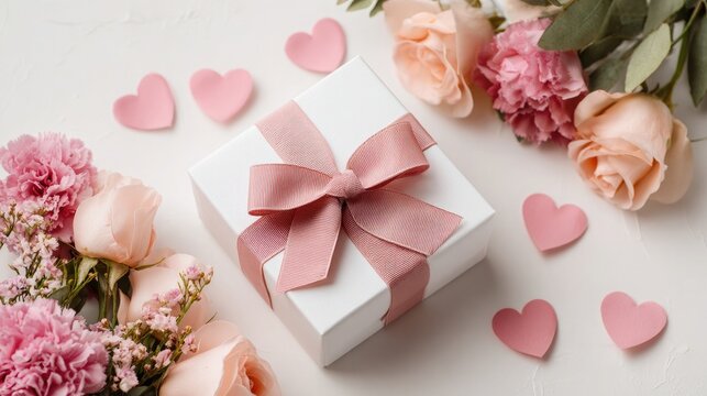 pink gift box with satin bow flatlay