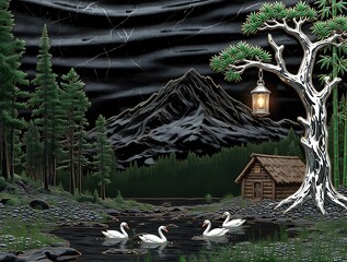 Naklejka premium Swans swimming in a pond in the woods