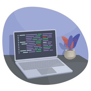 A programmer's workplace, with an open laptop and a decorative plant on the table. Vector illustration.