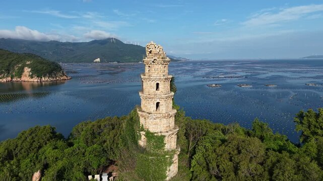 A dilapidated tower on the small island