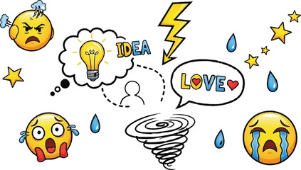 question mark shocked angry comics style, Emotion symbols drawn on a white background.