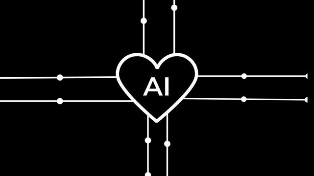 A heart symbol containing the artificial intelligence acronym at a crossroads represents the ethical core of technology and the central role of human values in directing future innovation