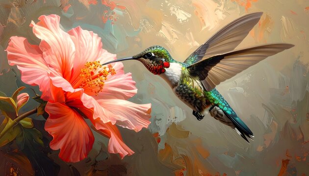 Colibr&iacute; volando frente a flor rosada en ilustraci&oacute;n art&iacute;stica de estilo pict&oacute;rico