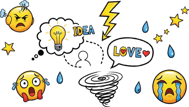 question mark shocked angry comics style, Emotion symbols drawn on a white background.