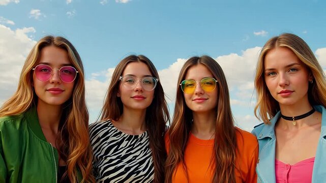 Four women wearing colorful sunglasses outdoors