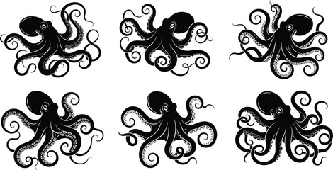 Black octopus silhouette illustration set, sea creature icons, marine animal design, nautical symbol, minimalist vector collection, white background © Clipart Galaxy