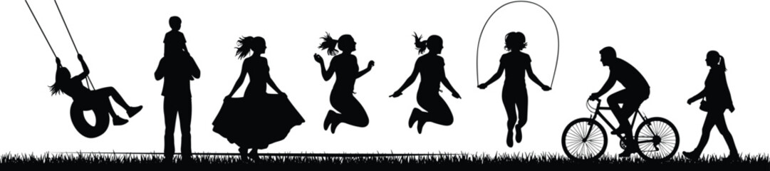 Children outdoor play silhouette, kids jumping, swinging, cycling, rope skipping, family recreation scene isolated on white background