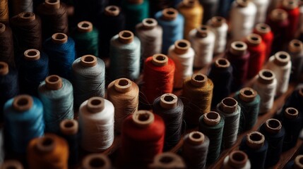Colorful Thread Spools Close-Up: Multicolored Sewing Threads in Rows