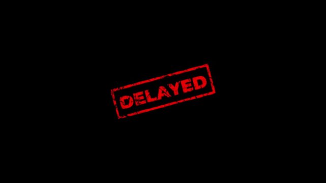 Animated Vibrant Red grunge rubber stamp with Delayed text, isolated on transparent background with alpha channel.
