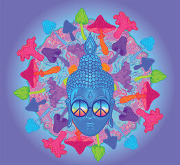 Acid Lord Buddha, ornate mandala round pattern mushroom illustration. Esoteric vintage vector illustration. Indian, Buddhism, spiritual art. Hippie tattoo, spirituality, rave party poster.