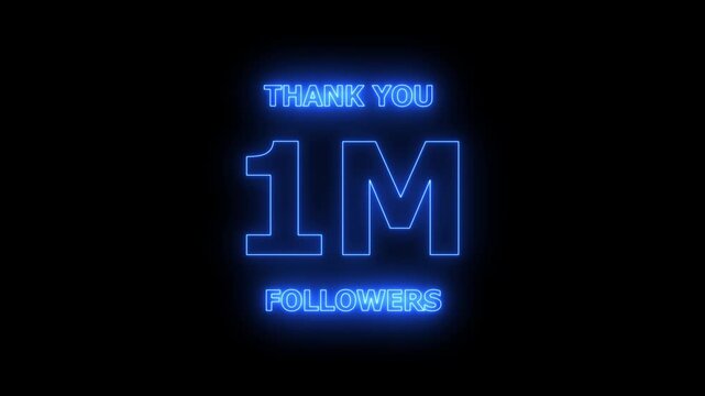 Thank you 1M followers. 1 Million followers realistic neon sign on the black background animation. confetti party effects, social media milestone motion graphics animation.