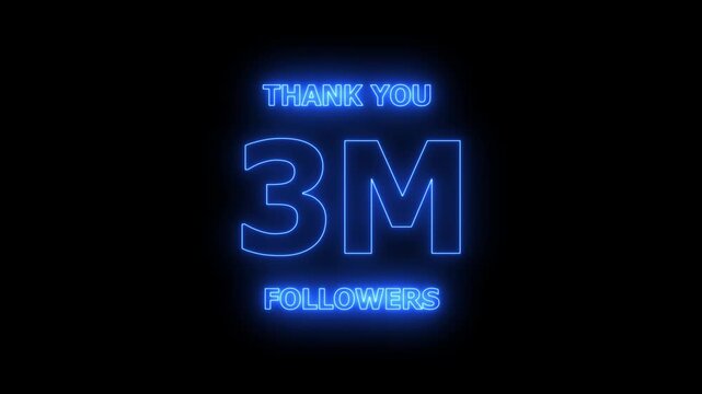 Thank you 3M followers. 3 Million followers realistic neon sign on the black background animation. confetti party effects, social media milestone motion graphics animation.