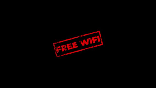 Animated Vibrant Red grunge rubber stamp with Free Wifi text, isolated on transparent background with alpha channel.
