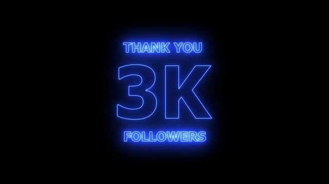Thank you 3K followers. 3,000 followers realistic neon sign on the black background animation. confetti party effects, social media milestone motion graphics animation.