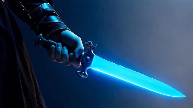 Hand holding glowing blue knife