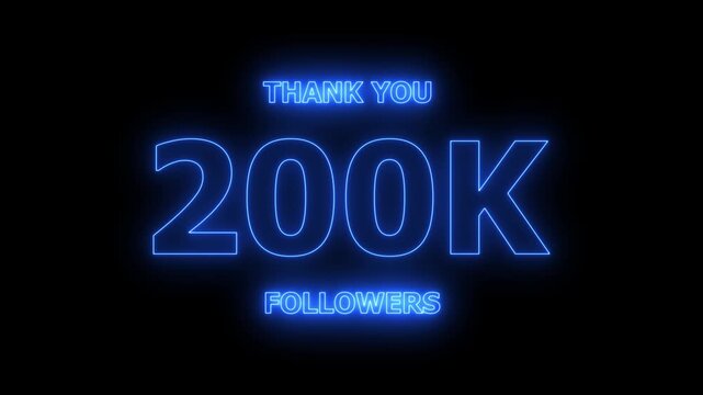 Thank you 200K followers. 200,000 followers realistic neon sign on the black background animation. confetti party effects, social media milestone motion graphics animation.