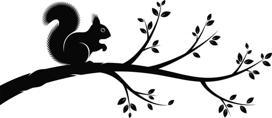 Naklejka premium Squirrel silhouette sitting on tree branch, minimalist wildlife nature illustration isolated on white background for design and decoration