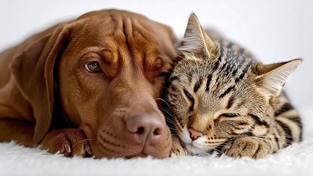 Vizsla puppy and tabby kitten cuddling and sleeping together on a clean white background, tenderly snuggled in a peaceful, affectionate display of cross species friendship and comfort
