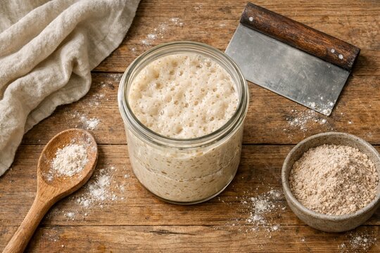 Sourdough starter in jar with artisan bread and whole wheat flour on wooden board,  bench scraper 