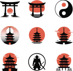 Naklejka premium Nine Japanese cultural symbols with red and black color scheme on white background culture torii des