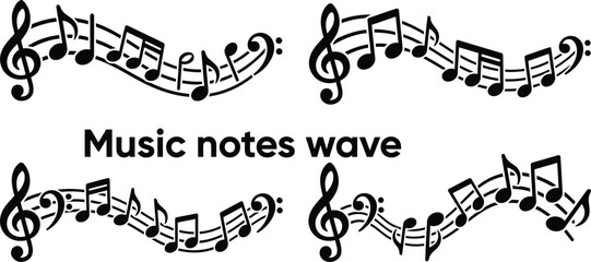 Black vector graphic musical notes and symbols forming decorative waves and swirls on a white background illustrating musicrelated themes and designs