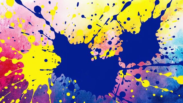 The video opens with a vibrant pink, yellow, and blue background. Subsequently, dark blue ink dramatically splatters across the screen, forming bold, dynamic abstract shapes on the colorful canvas.