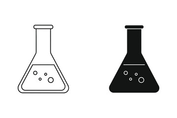 Laboratory Erlenmeyer Flasks with Bubbles Outline and Solid Vector Illustration