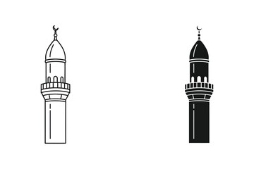 Islamic Minaret Tower Line Art and Flat Design Vector Illustration