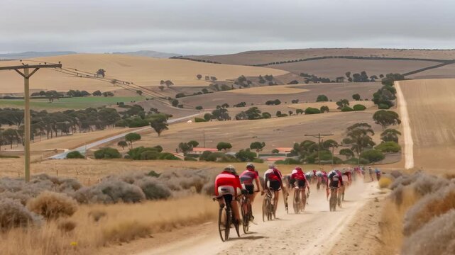 A group of cyclists competes in a gravel race along a dusty dirt road that winds through a scenic, hilly rural landscape under an overcast sky.