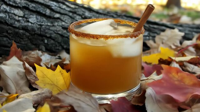 A refreshing autumn cocktail with a cinnamon stick garnish and a spiced rim sits nestled among vibrant fall leaves against a rustic tree trunk.