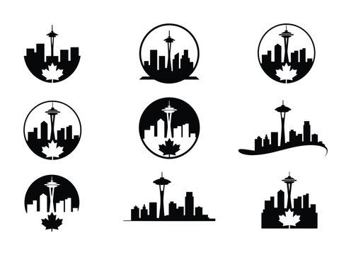 Vector illustration features city skylines with the space needle and maple leaf designs
