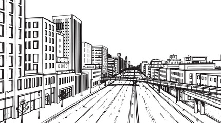 City landscape. Different buildings on street, outline cityscape hand sketch, flat houses. Hand drawn vector illustration