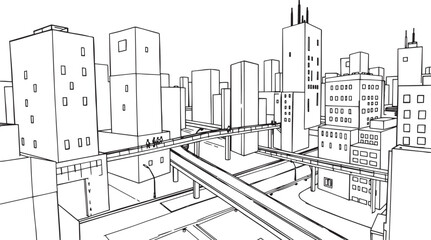 Naklejka premium City landscape. Different buildings on street, outline cityscape hand sketch, flat houses. Hand drawn vector illustration