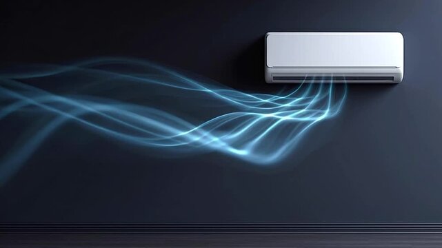Modern air conditioner system blowing cold fresh air with blue glowing waves into a room. Climatic equipment for cooling and conditioning the home atmosphere for comfortable living