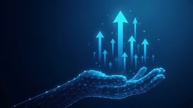 Abstract Digital Hand Supporting Growth Arrows: Technology, Business & Future Trends