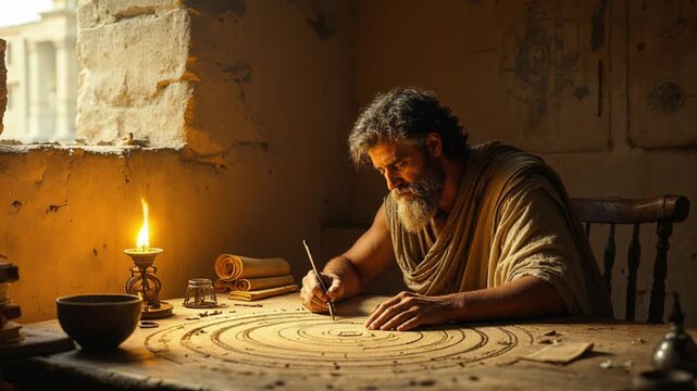 Bearded Researcher Engaged In Detailed Celestial Diagram Analysis By Candlelight