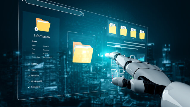 An AI assistant powers a smart document management system. The user interface displays intelligent data analysis and automated file organization for an efficient corporate workflow. Fermion