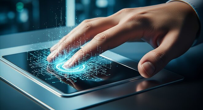 Futuristic Fingerprint Scan on Digital Interface for Biometric Authentication.