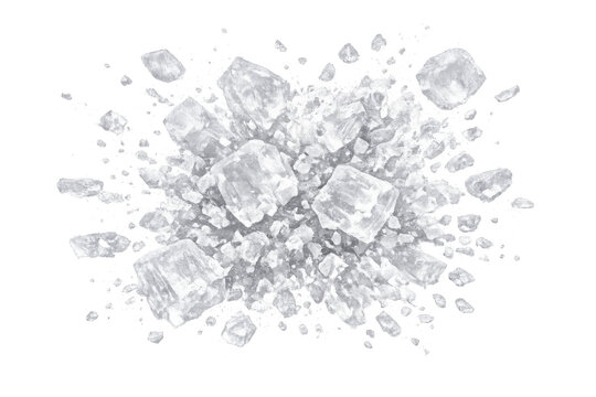 Ice cubes exploding, shrapnel flying on transparent background, frozen water abstract texture creating cool refreshment concept
