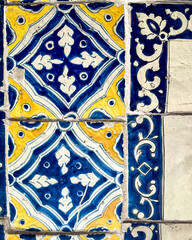 Mexican Talavera tile texture with copy space blue and yellow ceramic background